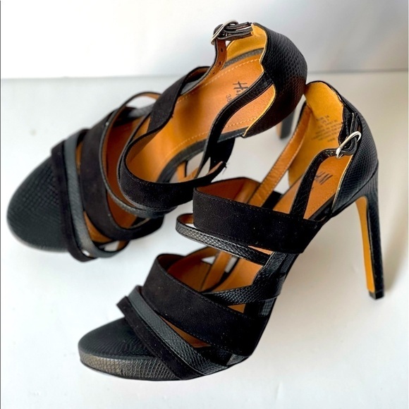H&M Strappy Black Leather Sandals Stiletto Platform Heels, Sz 7 - Picture 5 of 13